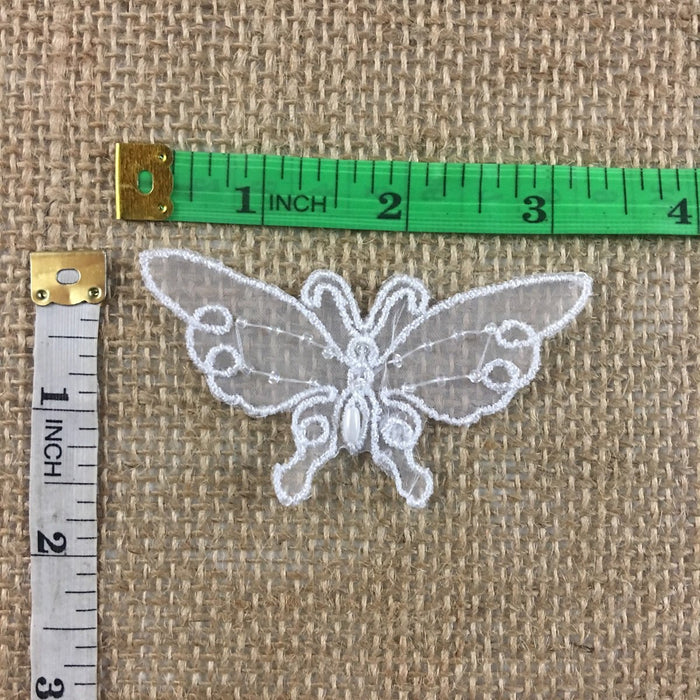 Butterfly Applique Embroidered Hand Beaded on Organza, 1.5x3", White, Garments Tops Decoration Craft Costume Veil Scrapbook Invitations ⭐