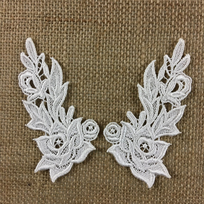 Lace Applique Pair Venise Flame Flower Design Embroidered, 4" long, Choose Color. Multi-use Garments Tops Costumes Crafts DIY Sewing Scrapbooks