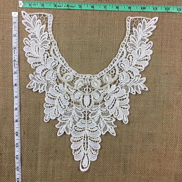 Beaded Applique Lace Piece Beautiful Hand Beaded Venise Embroidery Neckpiece Yoke. 13"x11" Bridal, Costume, DIY Sewing Crafts. ⭐