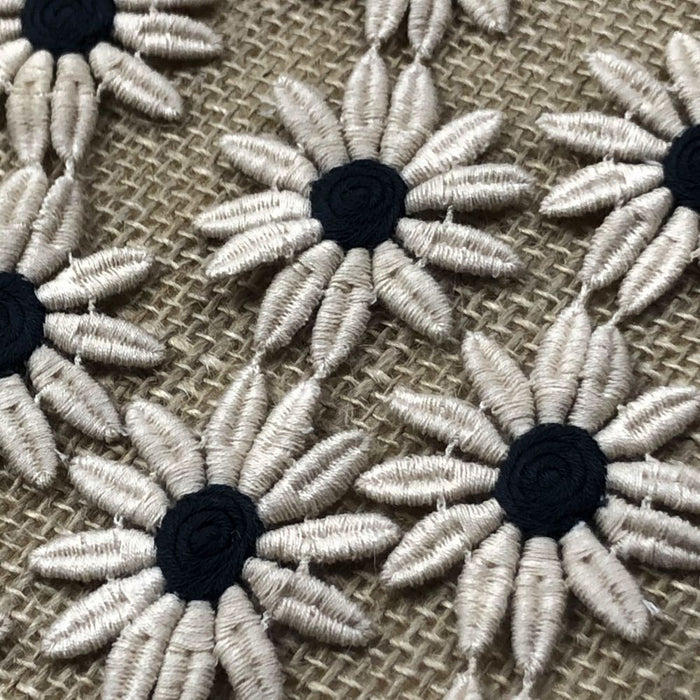2-Color Trim Lace, Tan and Black Daisy Flowers, 2" Wide, Vintage Symmetrical Double Border Bridal Wedding Waistband Decoration Crafts Costumes