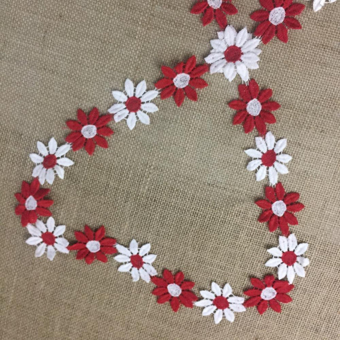2-Color Trim Lace, Red and White Daisy Flowers, 2" Wide, Vintage Symmetrical Double Border Bridal Wedding Waistband Decoration Crafts Costumes
