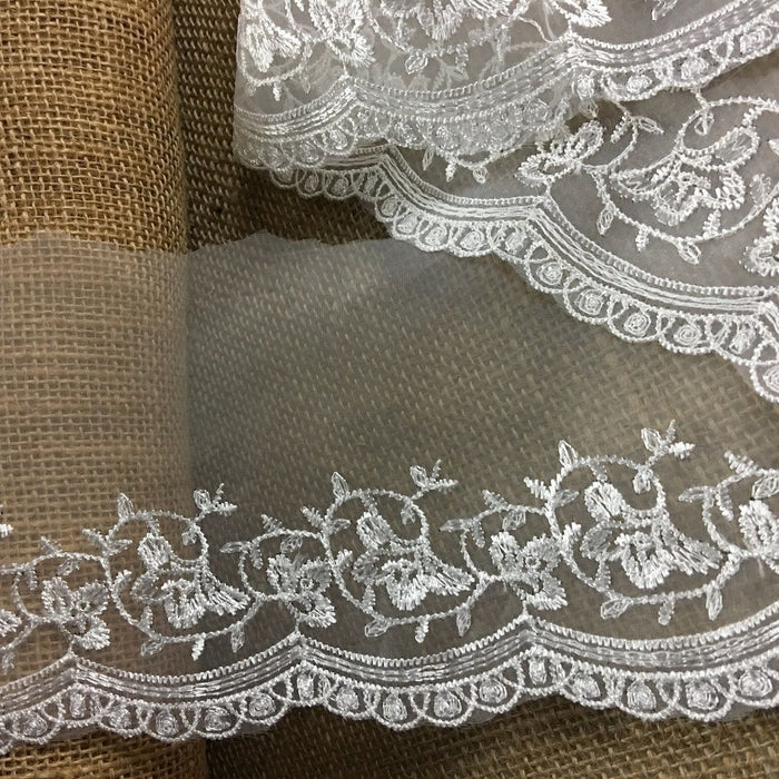 Lace Trim Scalloped Embroidered Sheer Organza, 2.5"-5" Wide, Choose Color, Multi-Use Garments Gowns Veils Bridal Communion Christening Costumes