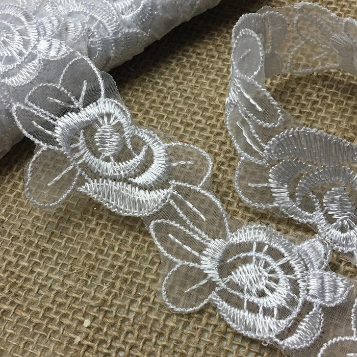 Lace Trim Rose Flower Embroidered Sheer Organza, 1.5" Wide, Garments Gowns Veils Bridal Communion Christening Costumes ⭐