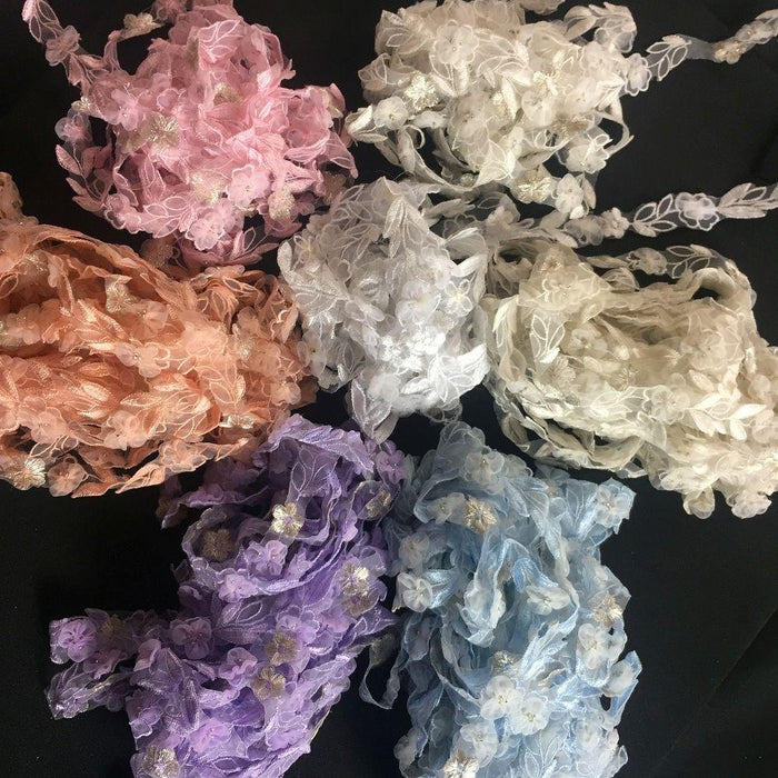 Lace Trim Puff Organza Flower Embroidered Sheer Organza, 1" Wide, Garments Costume Decoration Scrapbooks Invitations Gowns⭐
