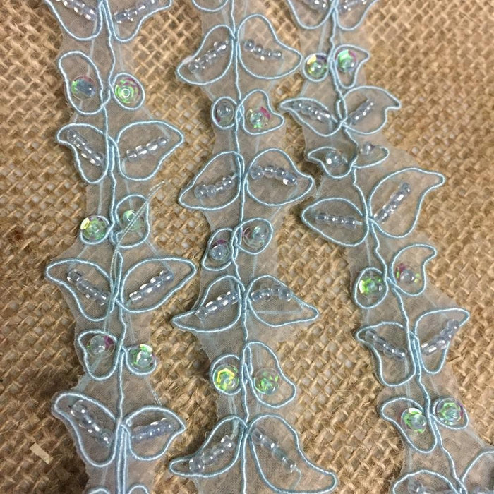 Beaded Trim Lace Corded Sequined Hand Beaded Organza Simple Gorgeous Double Border Floral Leaf Design, 1.25" Wide, Choose Color