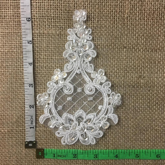 Corded Beaded Applique Piece Embroidered Sequinned Sheer Organza Lace Teardrop Shape, 6"x4", Choose Color.Multi-Use Garments Costumes Crafts