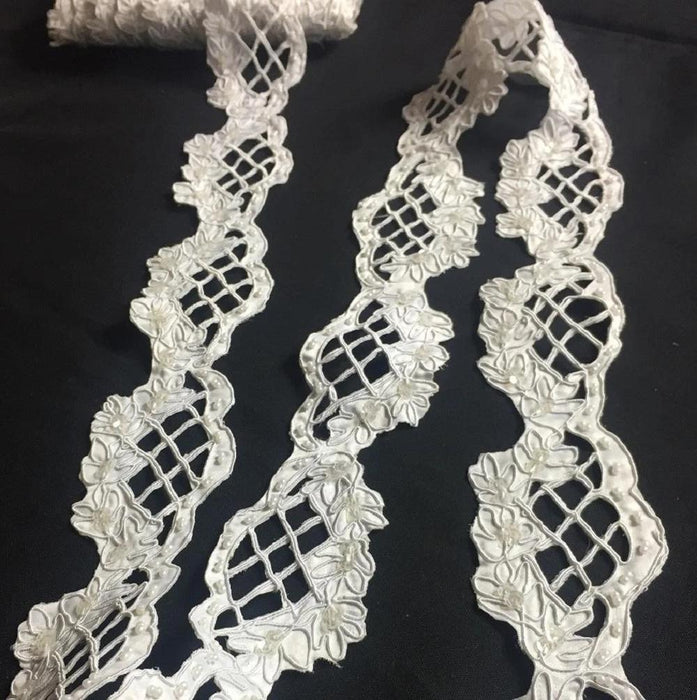 Bridal Trim Lace Corded Hand Beaded Hand Cut Satin Sequined Scalloped, 2.25" Wide, White. Veils Garments Bridal Communion Christening Costumes ⭐