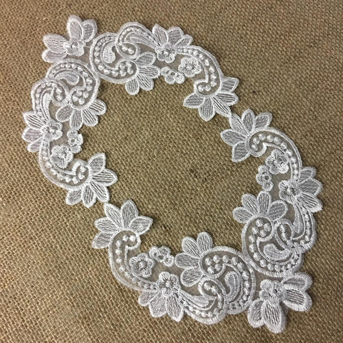 Embroidered Yoke Applique Neckpiece Fancy Floral Curves Design Sheer Organza Motif Patch, 6"x6", White, for Garments Bridal Communion Christening