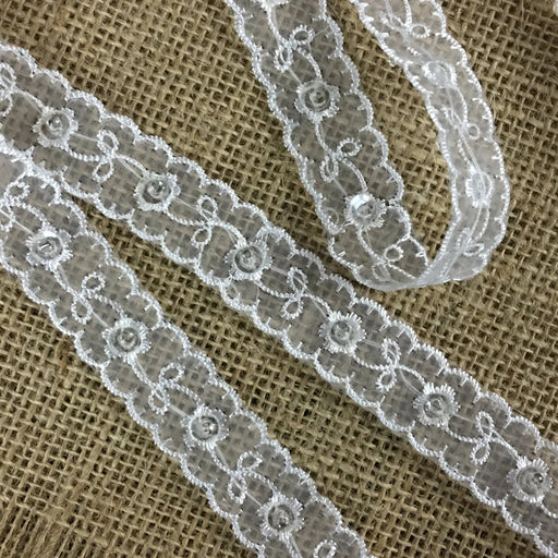 Trim Lace Embroidered Hand Beaded Double Border Organza Ground, 1" Wide, White, Multi-use Bridal Veil Communion Christening Baptism Dress Cape