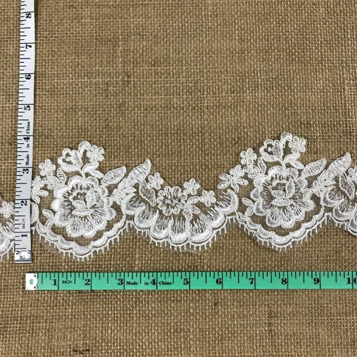 Bridal Lace Trim Alencon Embroidered Corded Mesh Net, Beautiful Quality, 3" Wide, Choose Color. For Veils Wedding Costumes Crafts