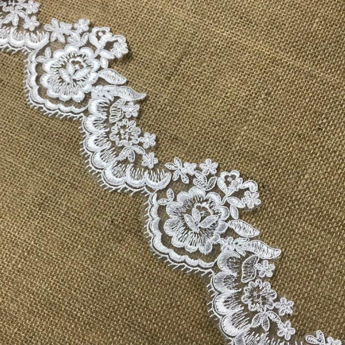 Bridal Lace Trim Alencon Embroidered Corded Mesh Net, Beautiful Quality, 3" Wide, Choose Color. For Veils Wedding Costumes Crafts
