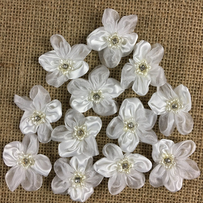 Satin Flower beaded Applique Satin & Mirror Organza Motif Piece, 1.75"x1.75", Choose Color, Multi-use Garment Decoration Bridal Communion Christening