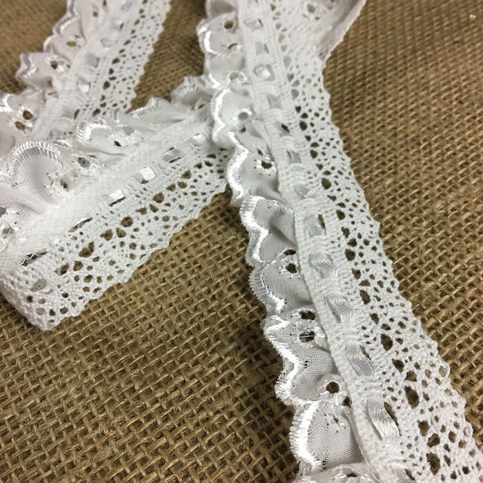 Ruffled Eyelet Combination & Cluny Lace & Satin Ribbon Trim, 1.5" Wide, White, Multi-use Garment Children Bridal Decoration Communion Christening