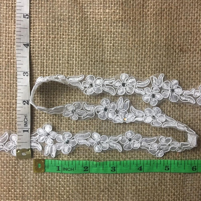 Bridal Lace Trim Embroidered Corded & Rhinestone, 1.25" Wide, White, for Garment Bridal Veil Costume Communion Christening Baptism Cape Quinceanera