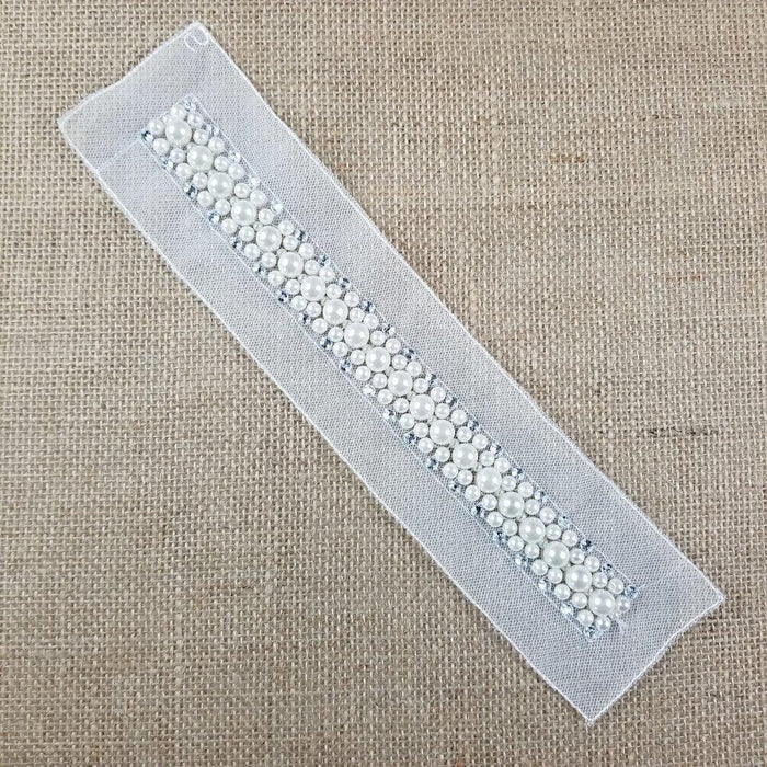 Pearl Sash Beads Rhinestones Applique Belt Lace Trim, 1"x10" on Double Mesh ground for Sash Belt Waistband Garments Bridal Flower Girl Decoration ⭐
