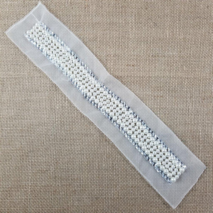 Pearl Sash Beads Rhinestones Applique Belt Lace Trim,  Usable Beaded part is 1"x13.5" & 1"x13" on Double Mesh ground for Sash Belt Waistband Garments Bridal Flower Girl Decoration ⭐