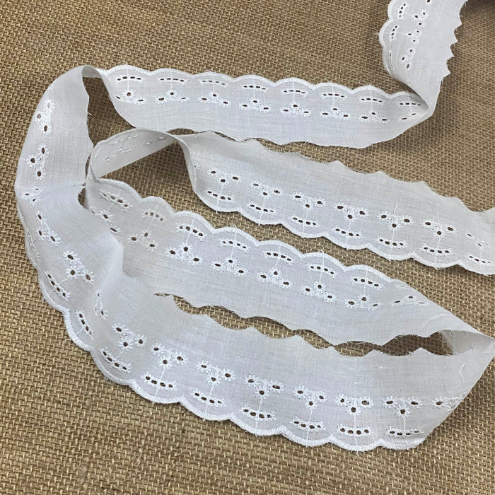 Eyelet Lace Trim Embroidered Cotton 2" Wide Happy Face Design Scalloped Edge. SKU B1495N1