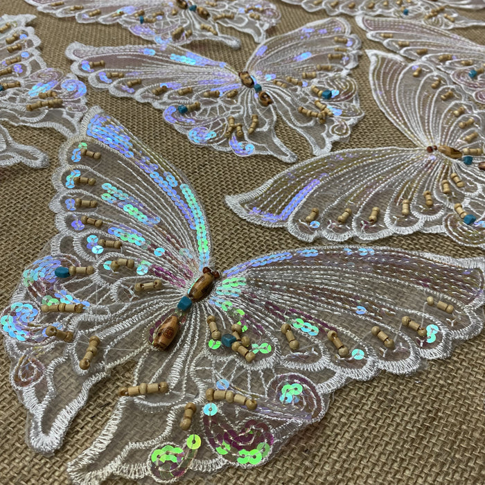 Artful Butterfly Embroidered Organza Iridescent Sequins Wood Beads Turquoise Beads 9"x7.5"