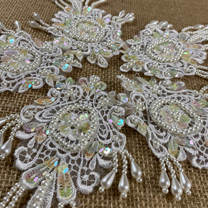 Beaded Applique Oval Piece Lace Embroidered Hand Beaded Strings Fringe Dangling, 6"x3", for Garment Costume Craft DIY Sewing