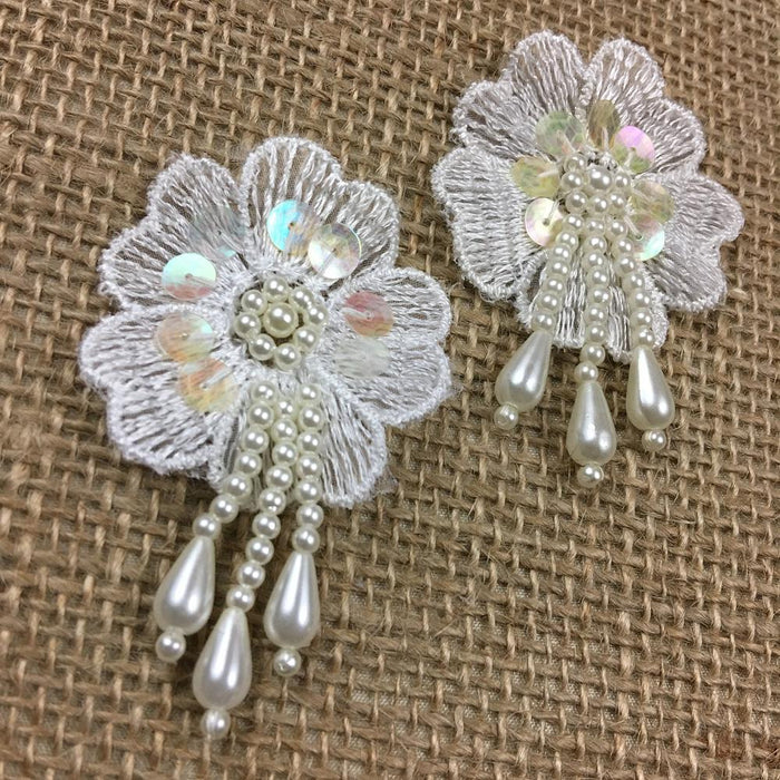 Beaded Applique Piece Lace Flower 3 Hanging Bead Strings, 2"x2", Choose Color, for Garment Dance Theater Costume Tops Decoration Invitations