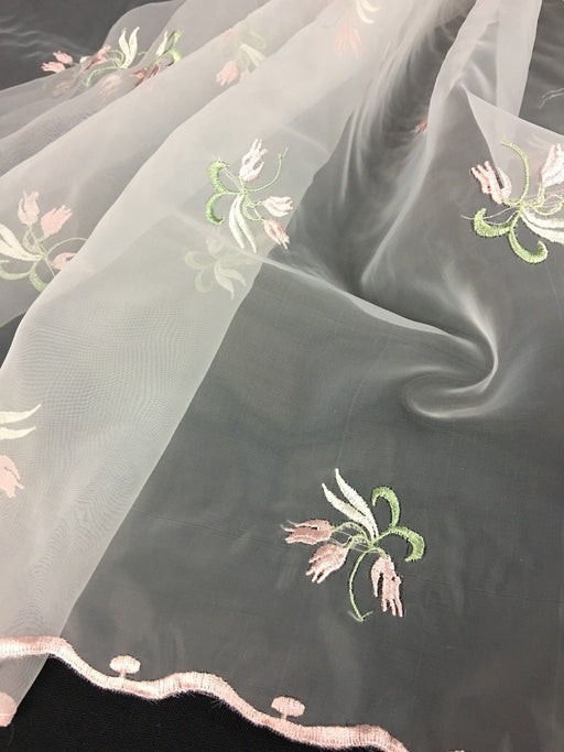 Embroidered Organza Fabric Tulpis Design Double Border, 52" Wide, Pink/Green/Ivory, Multi-Use Garment Table Backdrop