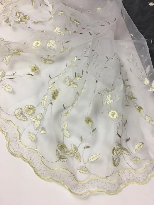 Embroidered Organza Fabric Rising Daisies Double Boarder Floral, 52" Wide, Garment Skirt Dolls Table Decoration ⭐