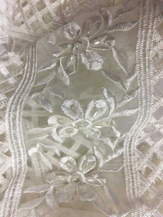3D Bridal Hand Beaded hand cut Embroidered Organza Fabric, 52" Wide, Ivory, Use Whole or cut as Trim, Use for Bridal Garment Backdrop Table