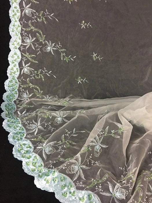 3D Bridal Beaded Fabric Satin Border Embroidered Organza Starburst Flower Design, 52" Wide, Garment  Dolls Costume ⭐