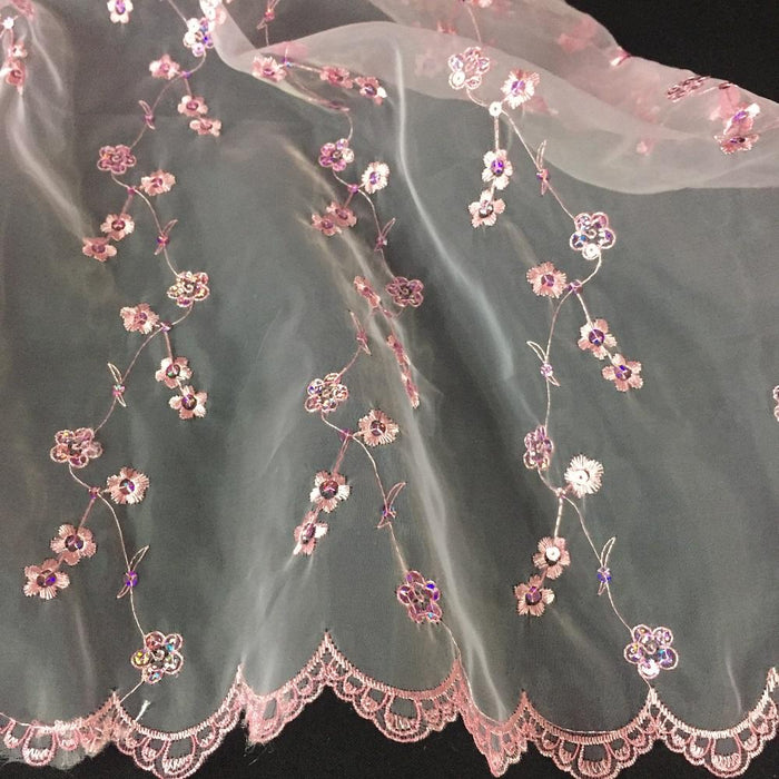 Embroidered Organza Fabric Full Allover Plus Shiny Sequins Scalloped Borders, 52" Wide, Choose Color, Multi-Use Garments Costumes Tables Curtains DIY Sewing