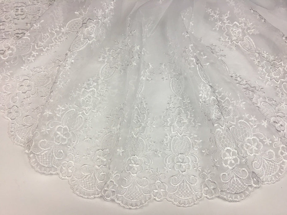 Embroidered Organza Fabric Fancy Aztec design Double Border, 52" Wide, White, Multi-Use Garment Bridal Gowns Communion Christening Baptism