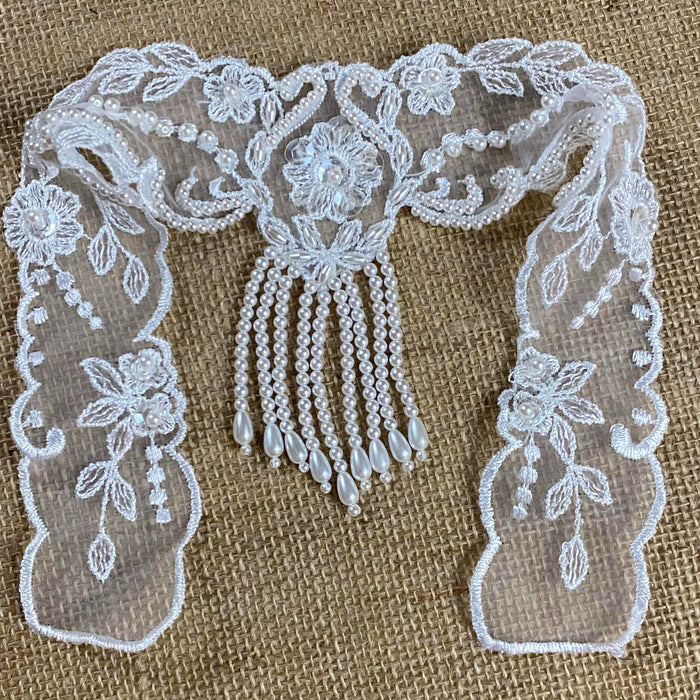 Floral Beaded Applique Embroidered Organza Beaded & Sequined, 8"x8", White, for Garment  Communion Christening Theater Dance Costume.