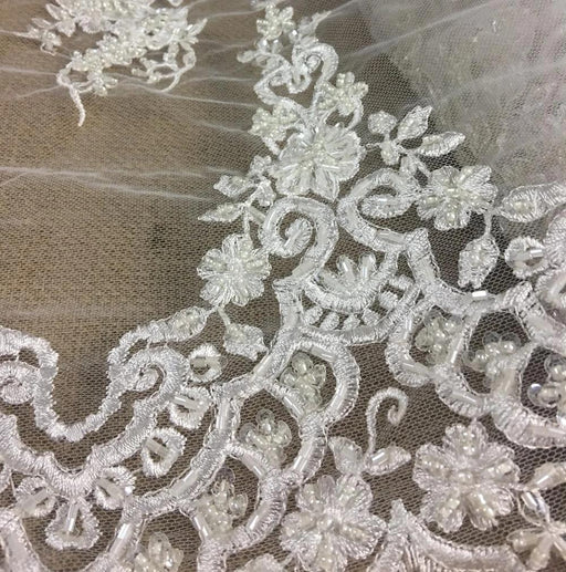 Bridal Lace Fabric Full Beaded Corded Embroidered Allover Vintage French Alencon, 52" Wide, Choose Color, Cut Parts or Use as is Double Border