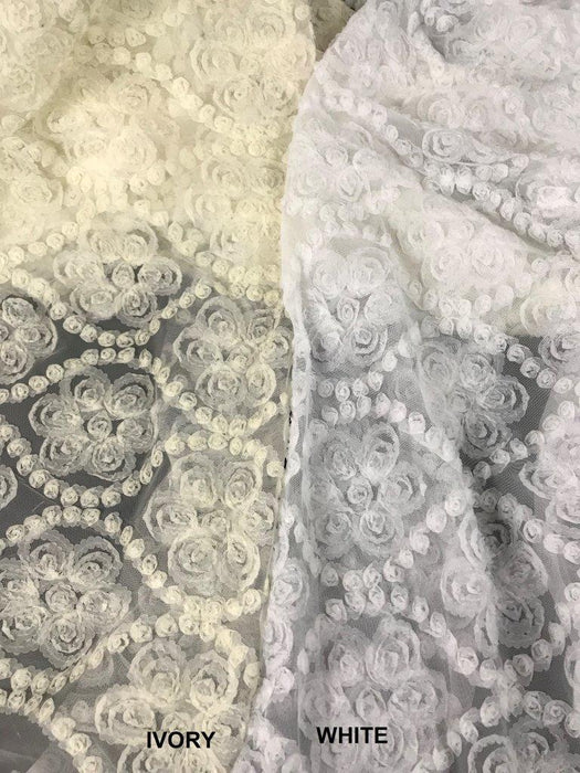 3D Raised Fabric Fluffy Soft Chiffon Flower Design Allover on Mesh Fabric, 49" Wide, Choose Color, Multi-Use Garments Table Overlay Backdrop Decoration Wedding Costume