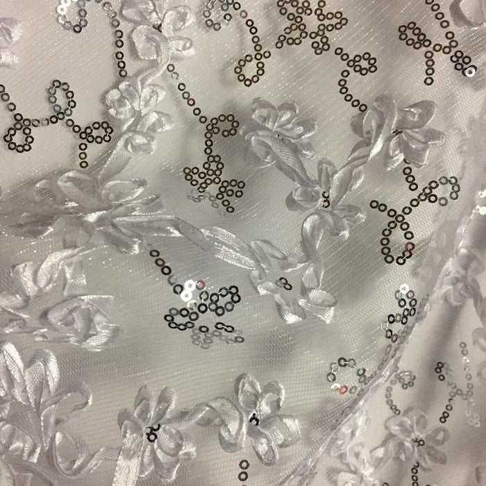 3D Ribbon Lace Sequins Fabric Mesh Full Allover Floral, 51" Wide, Garments Table Overlay Costume Backdrop Decoration ⭐