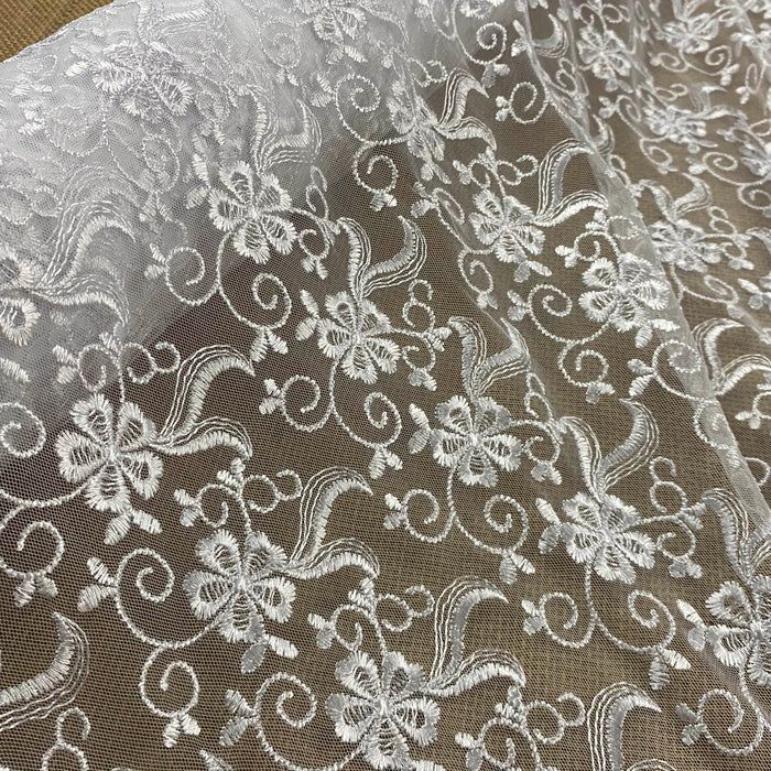 Embroidered Mesh Fabric Daisy Dance Party Design Double Border, 48" Useable Width, Veil Garment Dress Dolls Curtain Backdrop more
