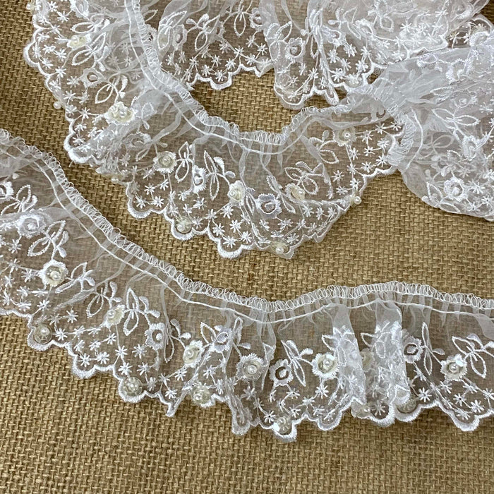 Beaded Ruffled Trim Lace Embroidered Organza, 2.5" Wide, Off White Color, Gathered Ruffled, for Garment Decoration Curtain Towel Pillow Cushion and more