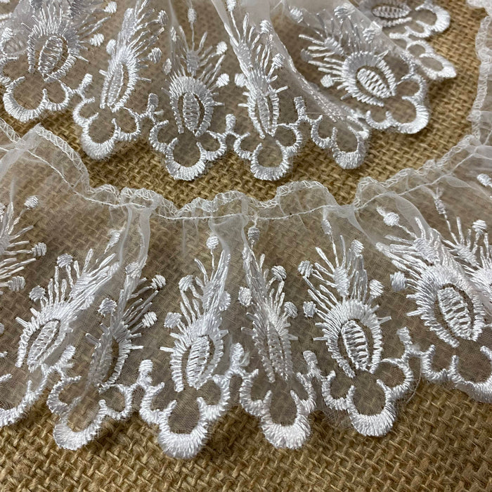Ruffled Trim Lace Embroidered Organza, 3" Wide, Ivory, Gathered Ruffled, for Garment Decoration Curtain Towel Pillow Cushion and more