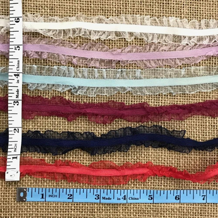 Double Ruffle Elastic Trim Organza Ruffle on stretch Center Elastic, 1" wide, for Garment DIY Sewing Craft Headband Gift Wrap ⭐