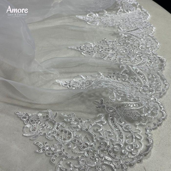 Bridal Communion Christening Organza Fabric Corded Embroidered Sequins Angel Scallops Design. 52" Wide
