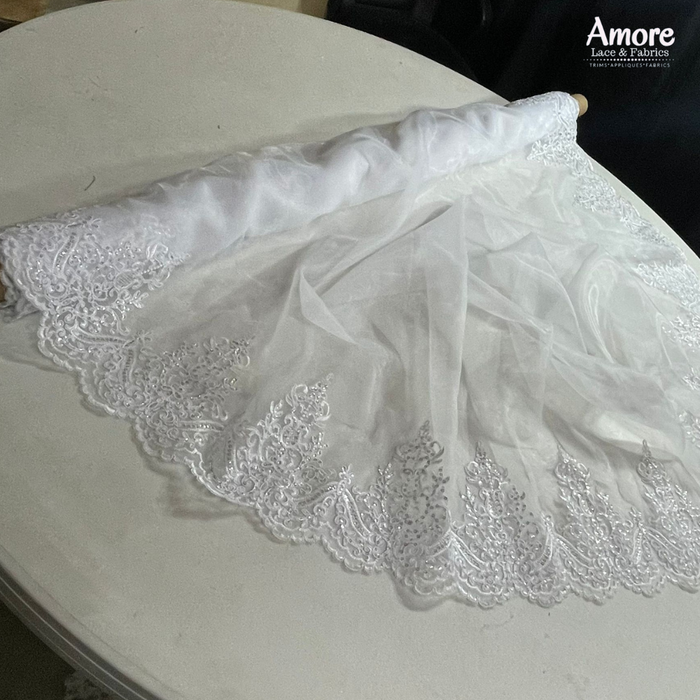 Bridal Communion Christening Organza Fabric Corded Embroidered Sequins Angel Scallops Design. 52" Wide