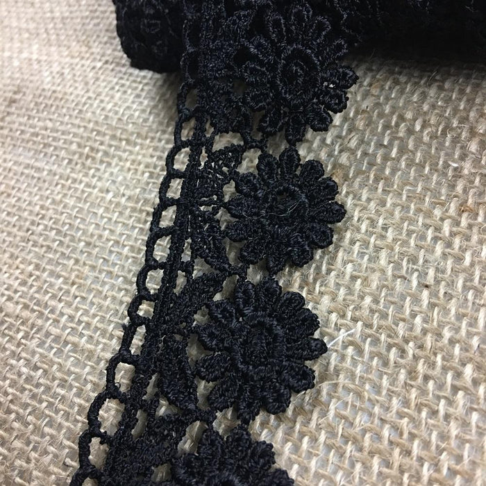 Trim Lace Daisy Sunflower Venise by the Yard, 1.5" Wide, Black. Multi-use ex. Garments Veils Decorations Crafts Scrapbooks Tops Costumes.