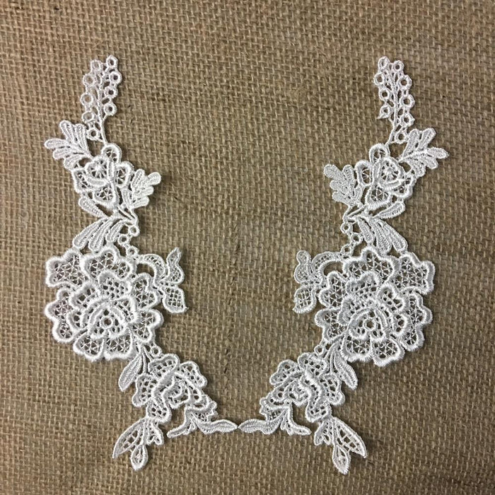 Lace Applique Pair Fancy Venise Flower Design Embroidered, 7" long, Choose Color. Multi-use ex: Garments Tops Costumes Craft DIY Sewing