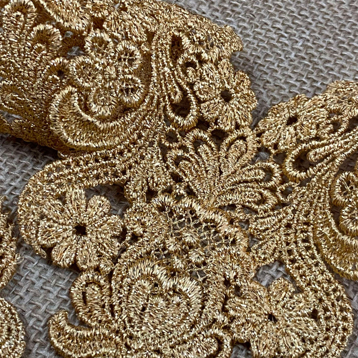 Metallic Gold Applique Yoke V-Neck Embroidery Venise Neckpiece Lurex, 11"x7.5", For Garments Tops Dance/Theater Costumes Crafts