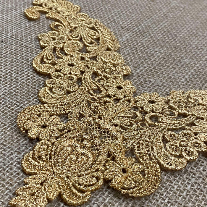 Metallic Gold Applique Yoke V-Neck Embroidery Venise Neckpiece Lurex, 11"x7.5", For Garments Tops Dance/Theater Costumes Crafts