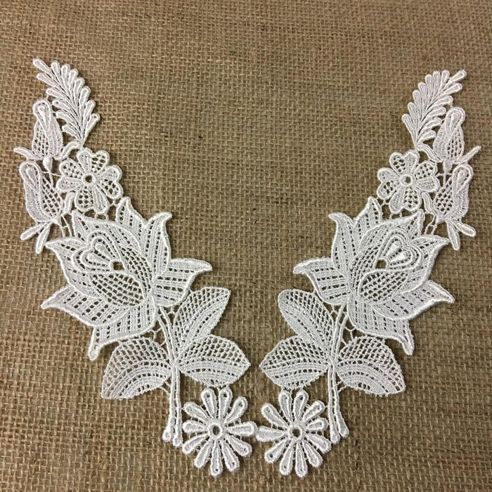 Lace Applique Pair Venise Rose Design Embroidered, 8" long, Choose Color. Multi-use ex. Garments Bridals Tops Crafts DIY Sewing Scrapbooks