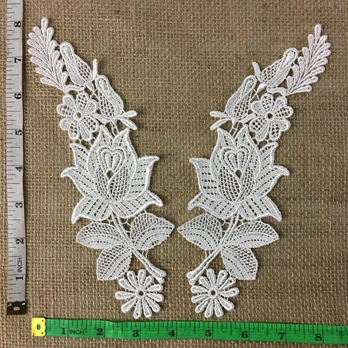 Lace Applique Pair Venise Rose Design Embroidered, 8" long, Choose Color. Multi-use ex. Garments Bridals Tops Crafts DIY Sewing Scrapbooks