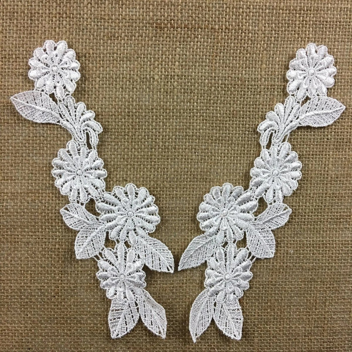 Applique Pair Lace Venise Floral Design Embroidered, 9" long, White, Multi-use Garments Tops Bridal Craft DIY Sewing Decoration Scrapbooks