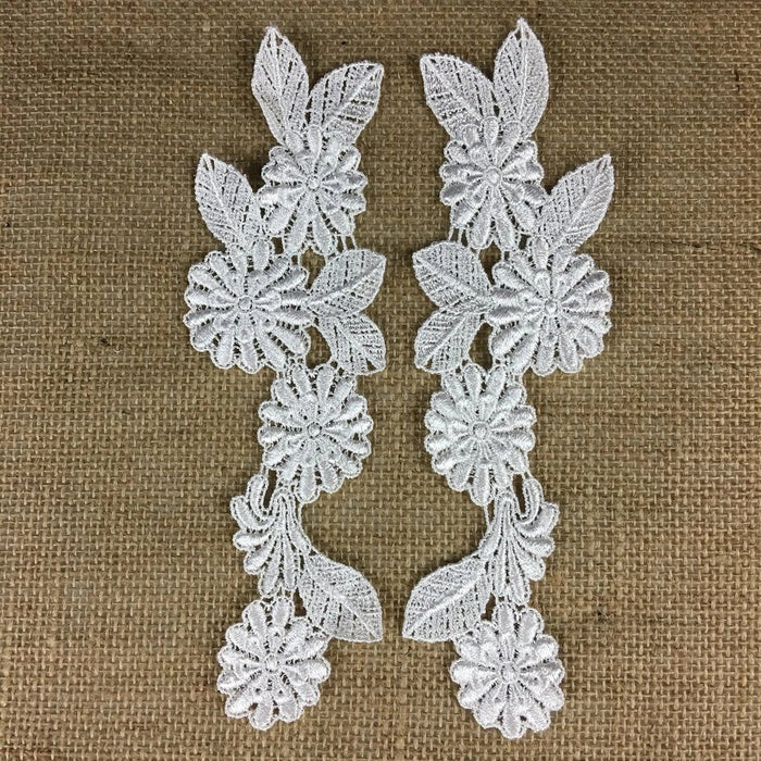Applique Pair Lace Venise Floral Design Embroidered, 9" long, White, Multi-use Garments TopsBridal Craft DIY Sewing Decoration Scrapbooks