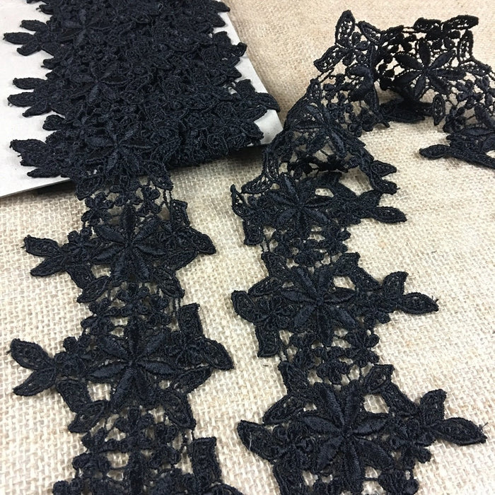 Lace Trim Flower Leaf Family Design Venise 3.5" Wide, Black. Multi-Use Garments Tops Decorations Crafts Costumes Veils Scrapbooks DIY Sewing