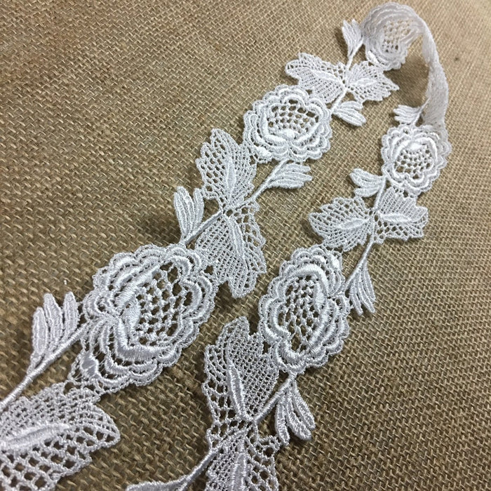 Lace Trim Flowers on Stem Venise Double Border, 2" Wide, White. Multi-Use Garments Tops Veil Dresses Bridal Decoration Craft Costume